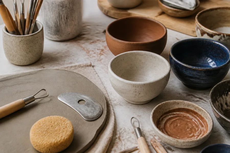 Hand-built ceramic bowls and clay tools on a craft table