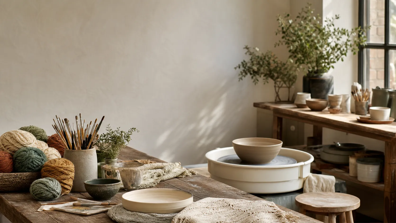 Creative workshop studio with craft tables